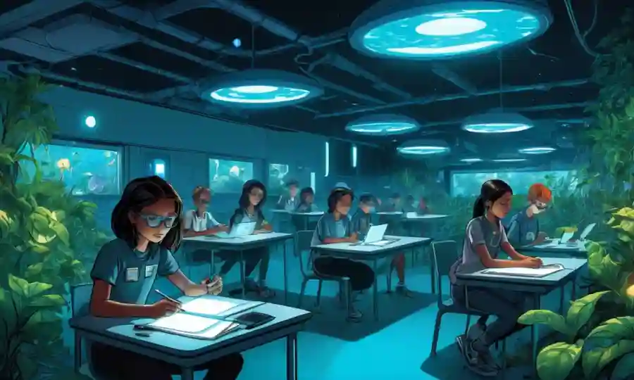 Una escena futurista del aula con estudiantes rodeados de plantas y tecnología bioluminiscentes.