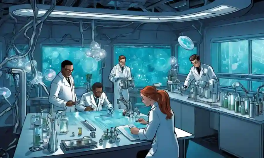 Científicos que estudian microorganismos simbióticos en un laboratorio futurista.