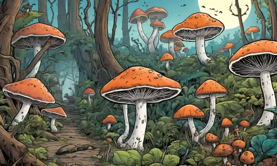Fungi floreciendo en diferentes ecosistemas con científicos estudiando y experimentando.