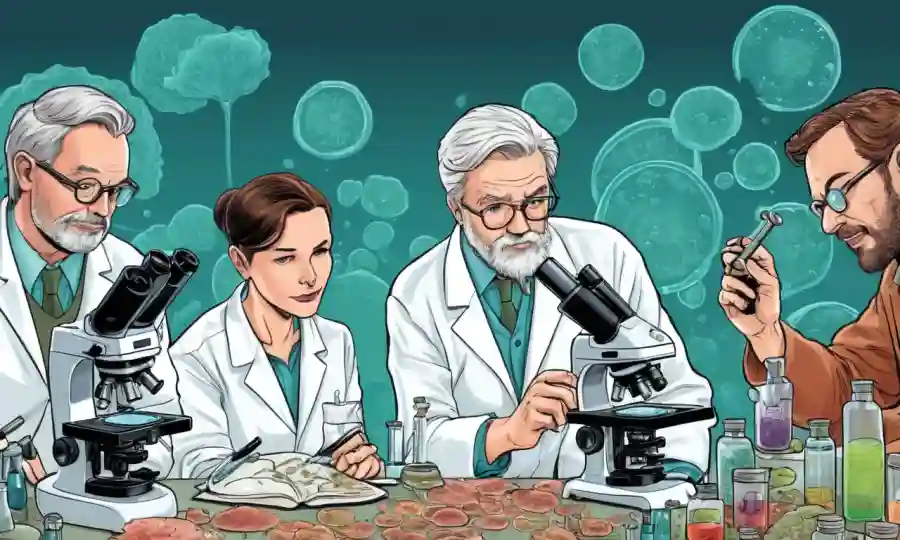 Científicos se reunieron alrededor del microscopio y platos petri estudiando varias especies de hongos.