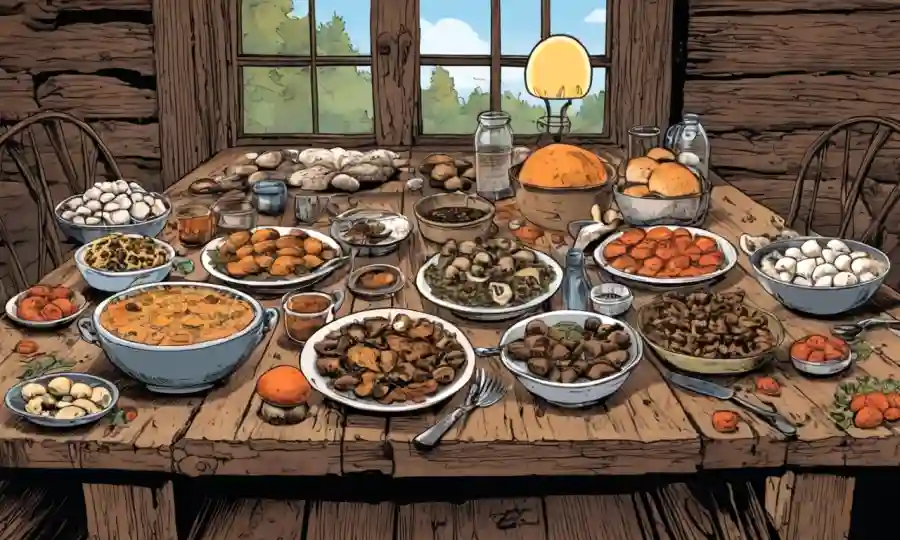Varios platos de hongos y usos culinarios exhibidos en una mesa rústica.