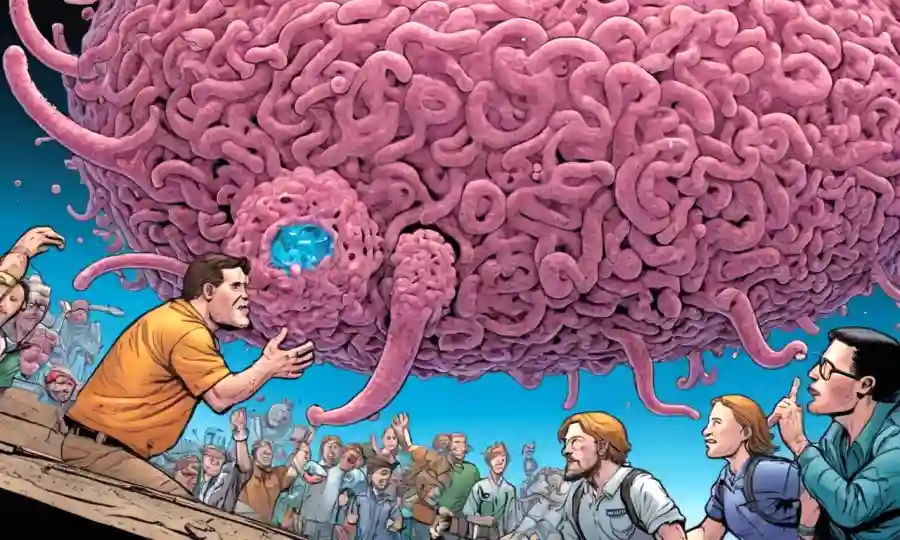 Ilustraciones de bacterias intestinales humanas interactuando con humanos, destacando las relaciones simbióticas.