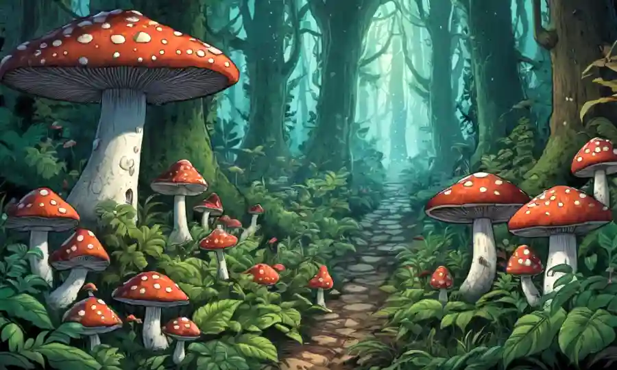 Una escena de bosque místico con hongos de diferentes tamaños y formas en medio de vegetación exuberante.