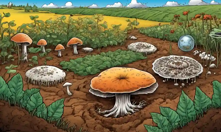 Vista microscópica del crecimiento de hongos en el suelo, rodeado de cultivos y ecuaciones agrícolas.