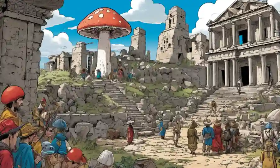 Un hongo surge de ruinas antiguas, rodeado de artefactos históricos y personas con diferentes trajes.