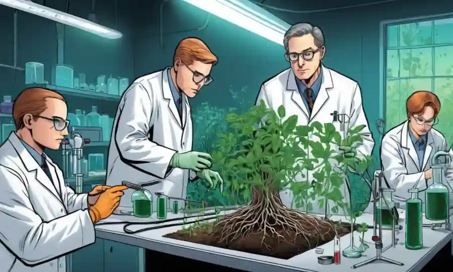 Un grupo de científicos que estudian las raíces vegetales en un entorno de laboratorio.