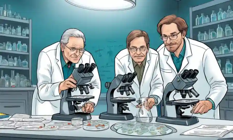 Tres investigadores de pie delante de un microscopio con platos petri y notas sobre el legado de pioneros en el estudio de endofitas.