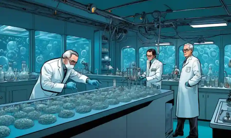 Científicos pioneros que estudian pequeños organismos endofiticos en un laboratorio futurista.