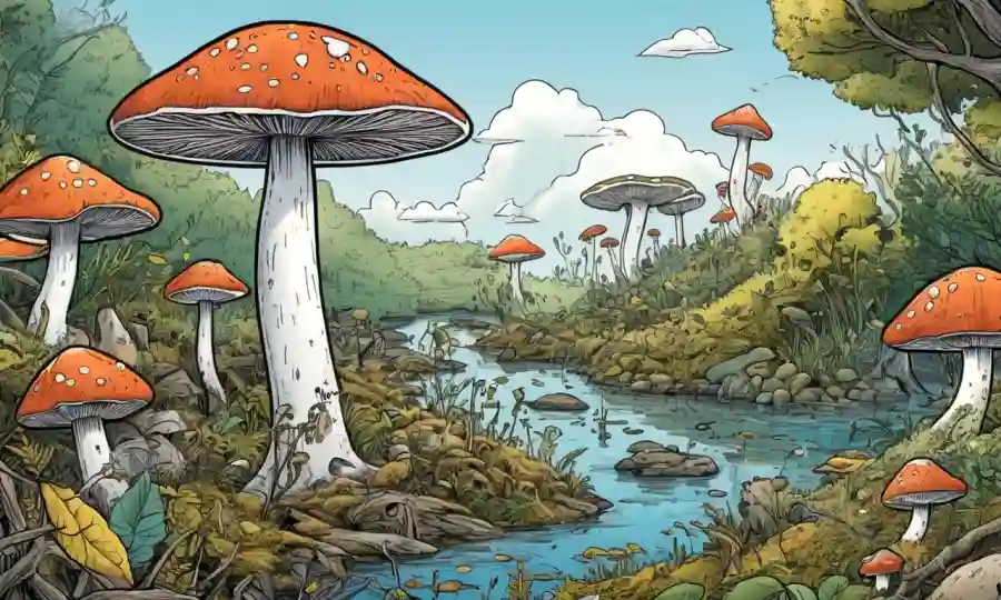 Fungi creciendo en un ecosistema, con flechas e ilustraciones destacando su importancia ecológica.