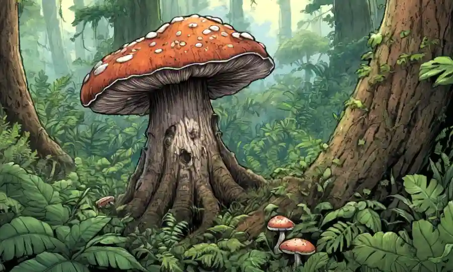 Fungi creciendo en tronco de árbol rodeado de vegetación exuberante.
