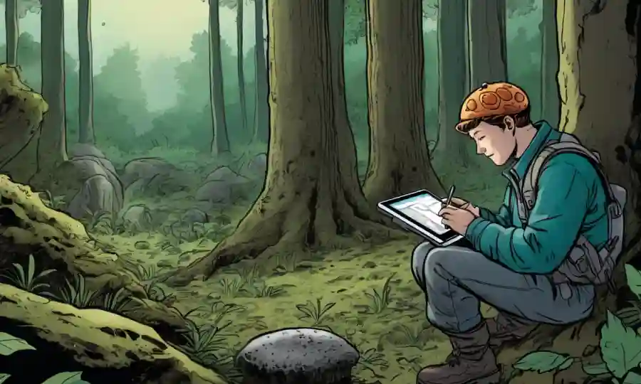 Una persona que estudia datos de mapeo de hongos en una tableta en un entorno forestal.