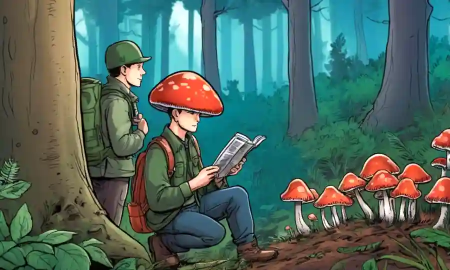 Un entusiasta de hongos examinando varias especies en un bosque contra un fondo borroso.