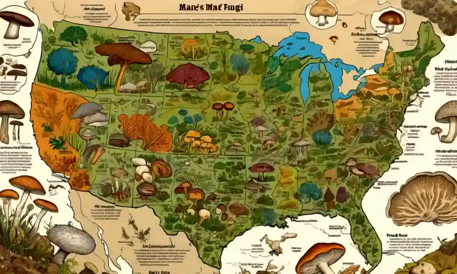 Un mapa que ilustra varios tipos de hongos con etiquetas e ilustraciones.