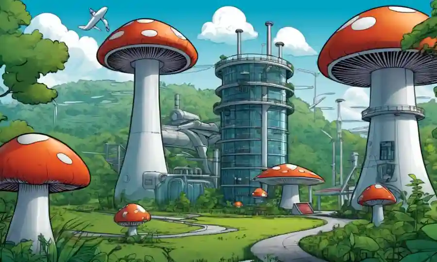Una ilustración futurista de una instalación de producción basada en hongos rodeada de verdes e iconos energéticos sostenibles.