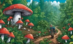 Un hongo cultivador de hongos cosechando hongos rodeado de exuberante vegetación.