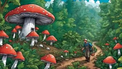 Un hongo cultivador de hongos cosechando hongos rodeado de exuberante vegetación.