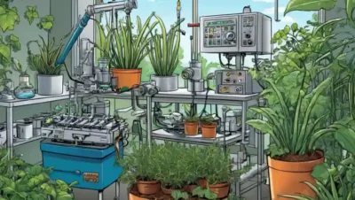 Imagen con el equipo de laboratorio El Micelios rodeado de plantas