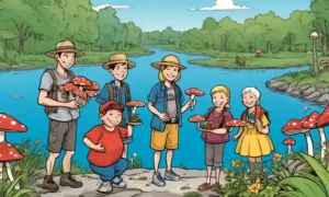Un grupo de personas con hongos y sonriendo junto a un río o estanque limpio.