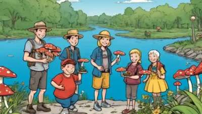Un grupo de personas con hongos y sonriendo junto a un río o estanque limpio.