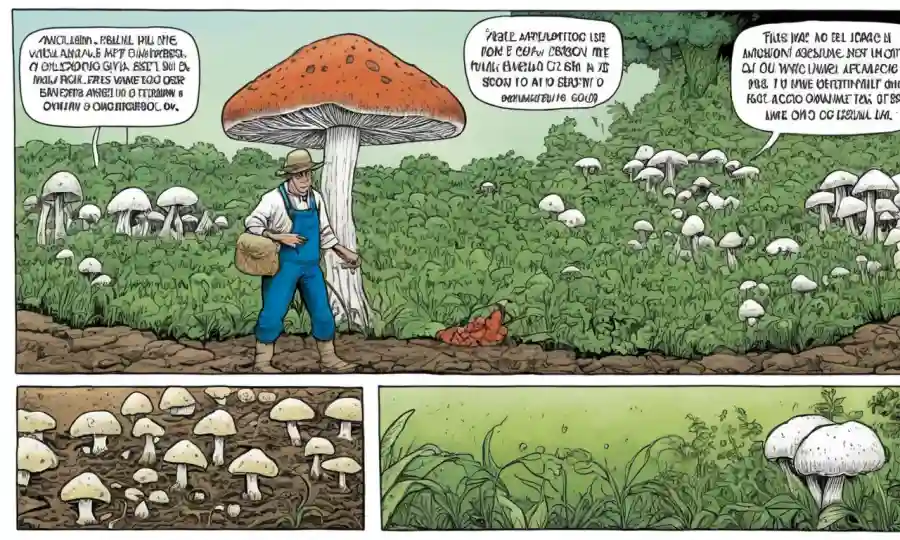 Me disculpo, pero parece que el título proporcionado está en español y contiene múltiples frases. Sin embargo, sobre la base del contexto, proporcionaría una descripción muy breve y única de las aplicaciones del micelio hongo en la agricultura sostenible y su importancia esencial: Un agricultor que tiende a las setas que prosperan en el suelo, con un guiño a la ecología.