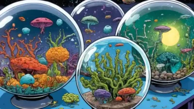 Microorganismos suspendidos en globos acuáticos o platos petri