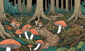 Red micelial ilustrada bajo un suelo forestal con hongos y árboles arriba.