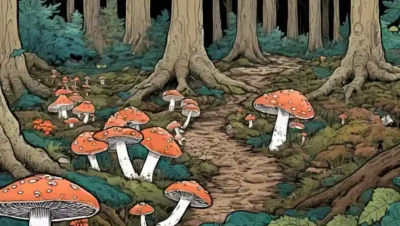 Red micelial ilustrada bajo un suelo forestal con hongos y árboles arriba.