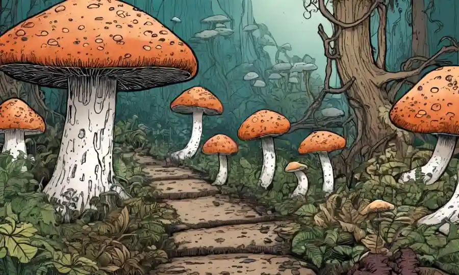 Una red de micelio de hongos, con otros microorganismos y plantas interactuando.