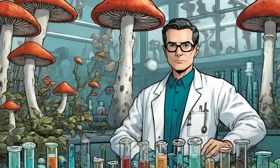 Persona en capa de laboratorio en medio del crecimiento de hongos, rodeada de tubos de prueba y equipo científico.