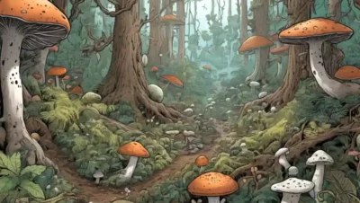 Una imagen con diversos elementos de ecosistemas forestales rodeados de redes fúngicas