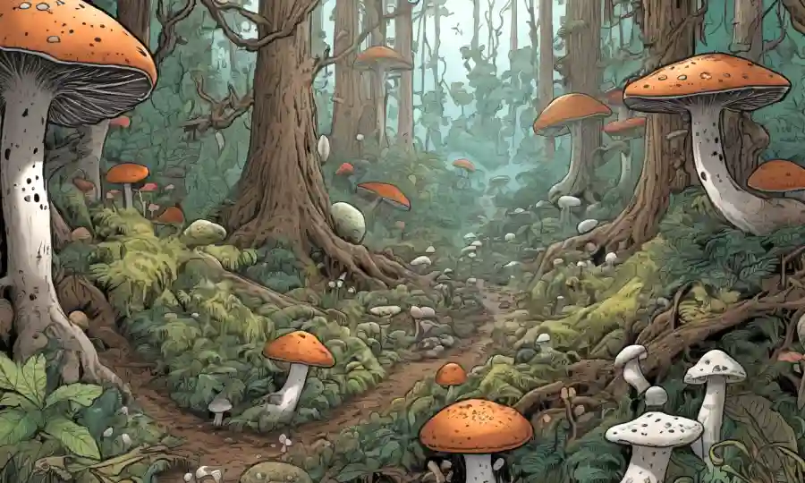 Una imagen con diversos elementos de ecosistemas forestales rodeados de redes fúngicas