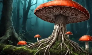 Una red conceptual de hongos con raíces y hojas crecientes