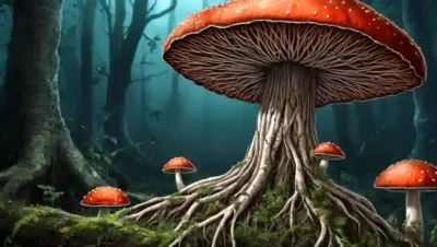 Una red conceptual de hongos con raíces y hojas crecientes