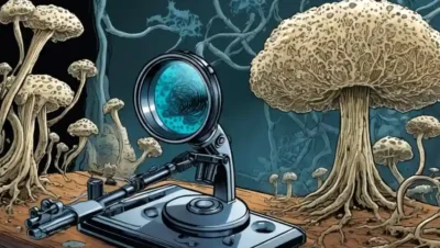 Hifa de magnificación del microscopio en un laboratorio.