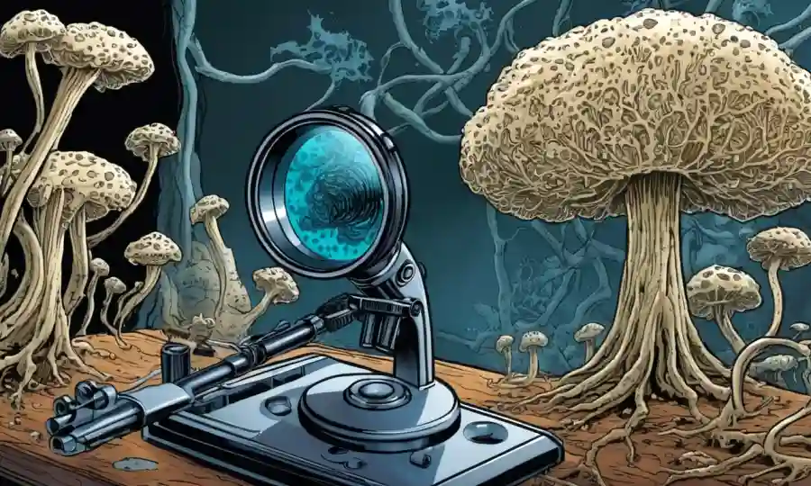 Hifa de magnificación del microscopio en un laboratorio.
