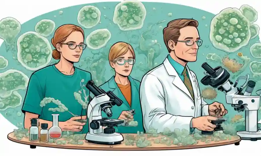Científicos que rodean microscopios y platos petri observando propiedades curativas de micelios.
