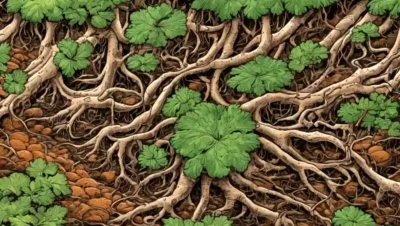 Las células microscópicas de hongos coiled around roots of plants in a forest floor setting.