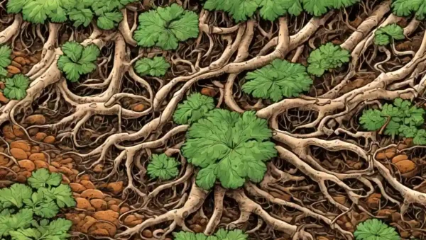 Las células microscópicas de hongos coiled around roots of plants in a forest floor setting.