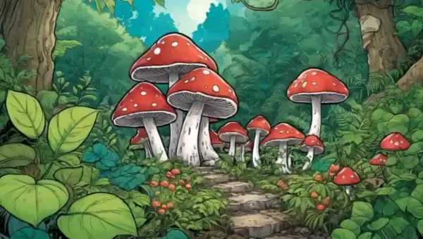 Mushroom creciendo en medio de una vegetación exuberante