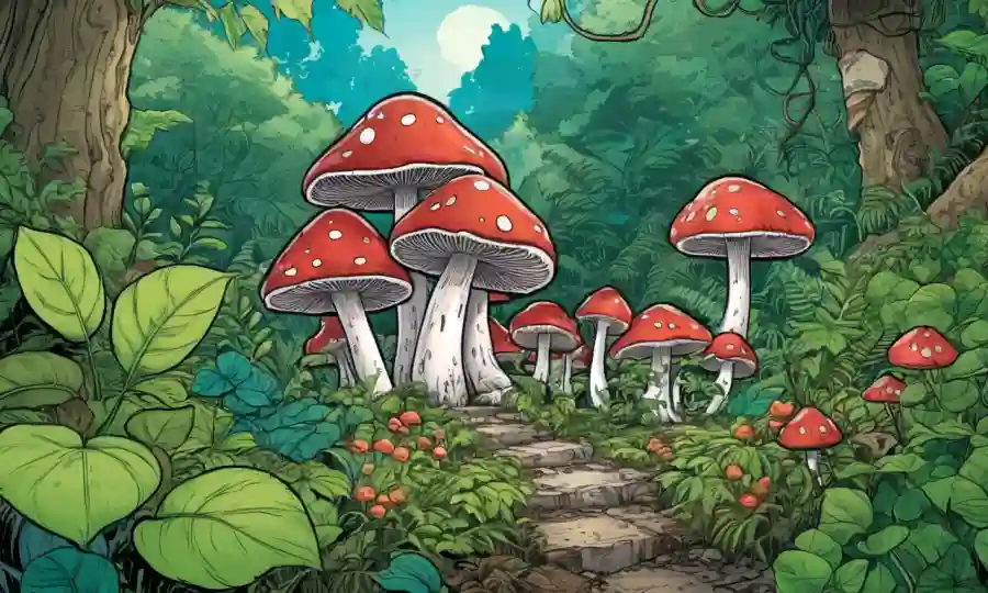 Mushroom creciendo en medio de una vegetación exuberante