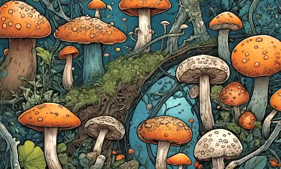 hongos microscópicos rodeados de elementos artísticos y creativos, con toques de naturaleza e inspiración.