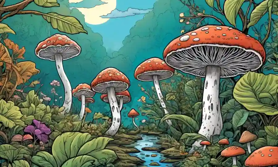 Fungi creciendo en armonía con la naturaleza, rodeado de plantas y expresiones artísticas inspiradoras.