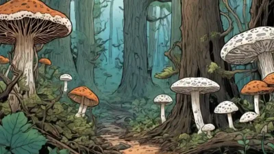 Una red fúngica (micelium) rodeada de diversos organismos en un ecosistema forestal.