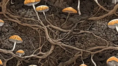 Red intrincada de hongos ramificando a través del suelo