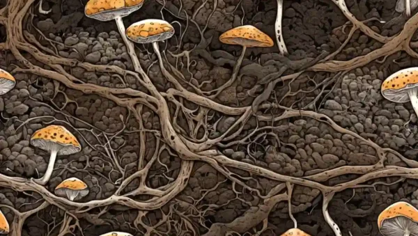 Red intrincada de hongos ramificando a través del suelo