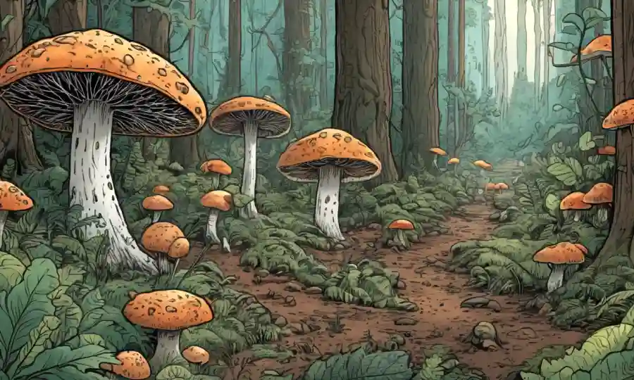 Una red de arbustos de micelio (fungi) que apoyan la vida animal diversa en un ecosistema forestal.