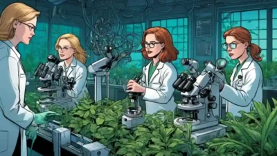 Mujeres científicas de pie con microscopios en un laboratorio