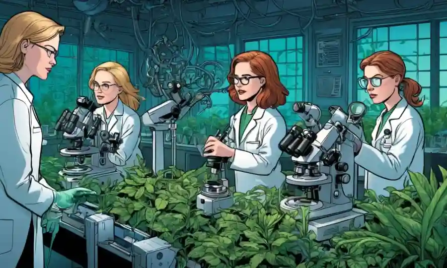 Mujeres científicas de pie con microscopios en un laboratorio