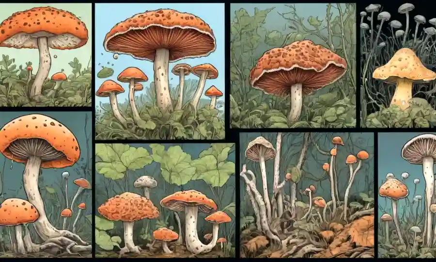 Imágenes de varios especímenes hongos con cierres de cuerpos frutales.
