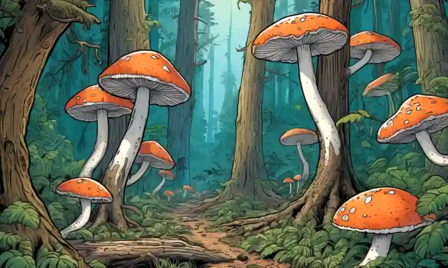 Fungi derribando troncos de árboles en un exuberante ecosistema forestal.